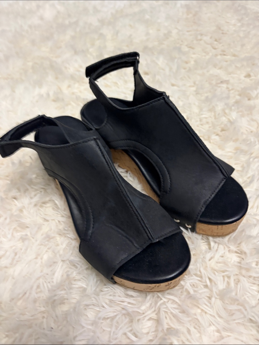 Black Open-Toe Cork Wedge Sandals - Women